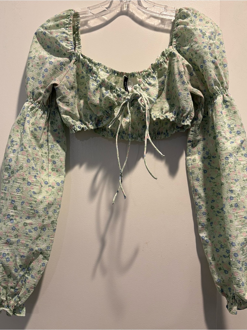 H&M Mint Green Floral Puff-Sleeve Crop Top with Tie